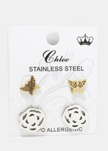 Load image into Gallery viewer, 2-Piece Butterfly &amp; Flower Stud Earrings
